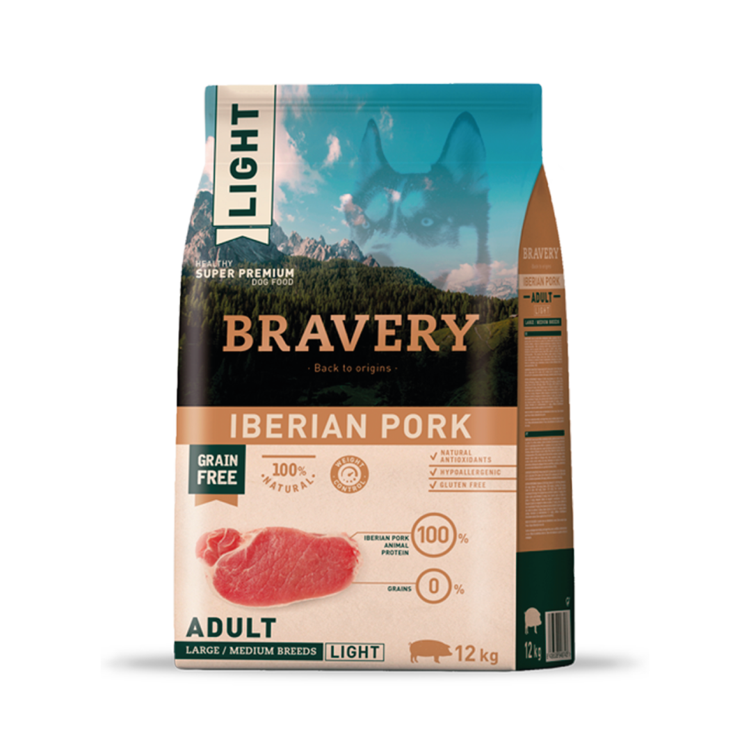 BRAVERY LIGHT IBERIAN PORK ADULT|Perro Adulto Raza Mediana y Grande Cerdo Light 12 kg