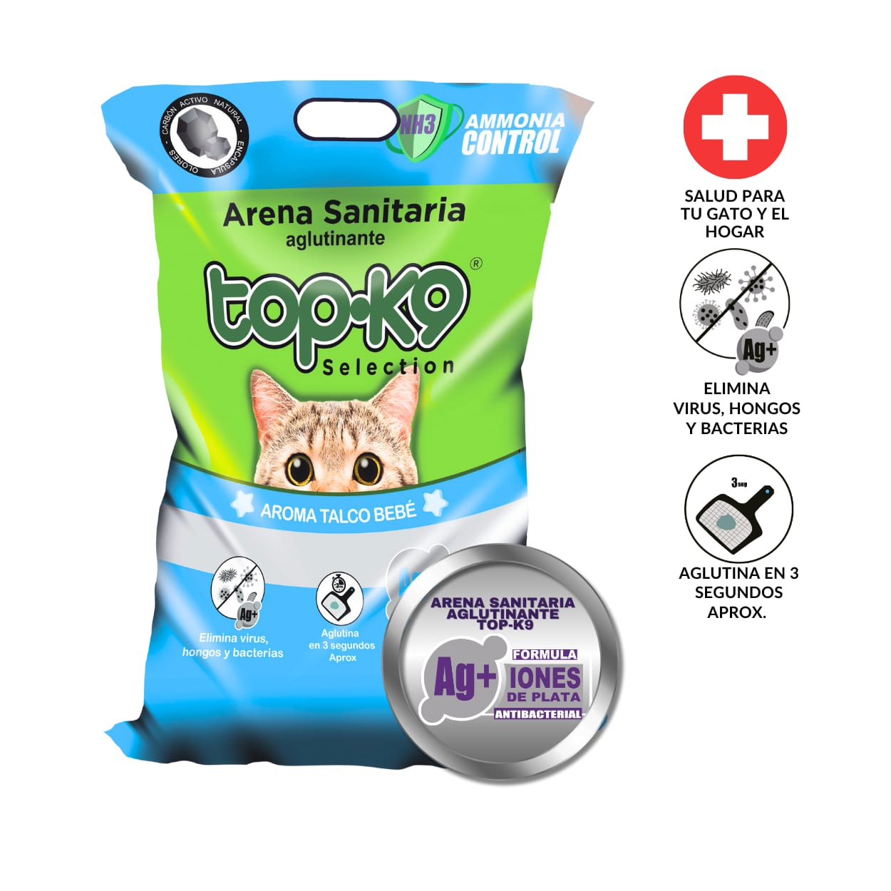 ARENA TOPK9 IONES DE PLATA Y CARBÓN ACTIVO TALCO DE BEBÉ 10 KG