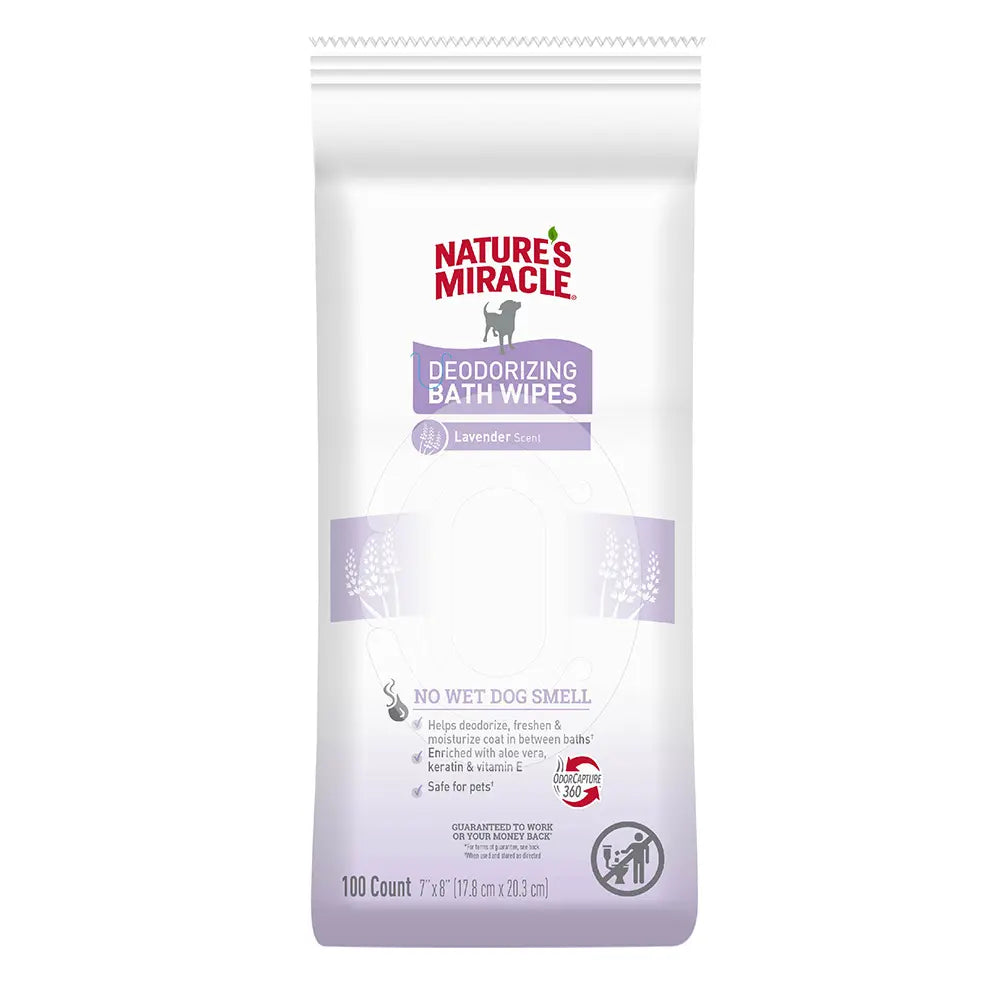 Natures Miracle DEODORIZING BATH WIPES - LAVENDER|Toallitas Húmedas Aroma Lavanda 100 UN