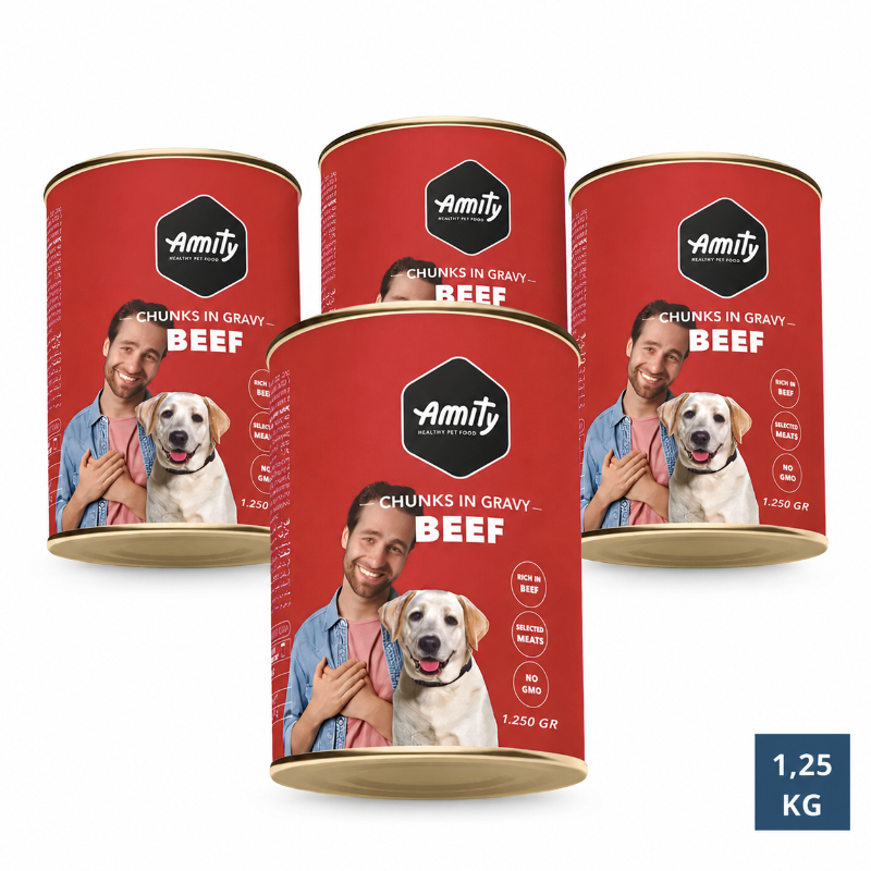 Pack 4x3 AMITY LATA CHUNKS IN GRAVY BEEF|Lata de Carne Premium 1,250 kg