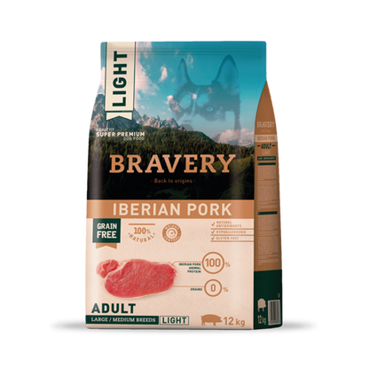 OUTLET DETALLE EN EMPAQUE BRAVERY LIGHT IBERIAN PORK ADULT|Perro Adulto Raza Mediana y Grande Cerdo Light 12 kg