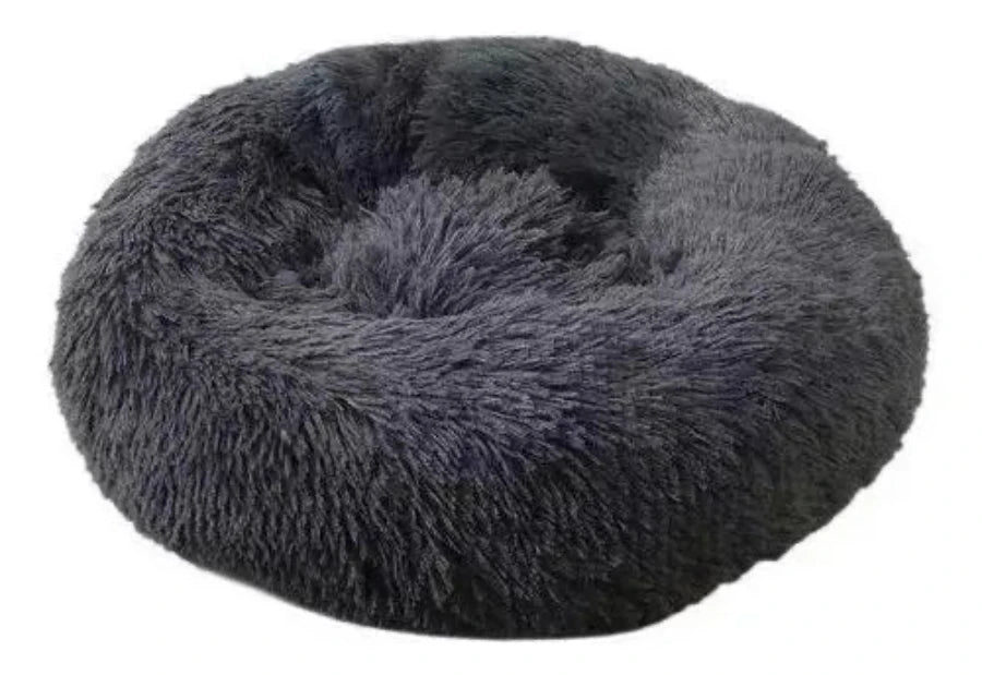 Cama Puff Anti Estres Peluda Gris Oscuro 70 cm Perro/Gato
