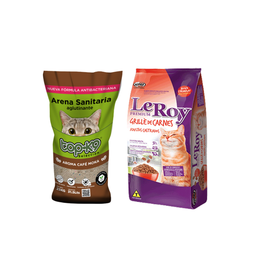 Pack Leroy Gato Castrado Grillé de Carnes + Arena aglomerante TopK9 Café Moka 25 kg
